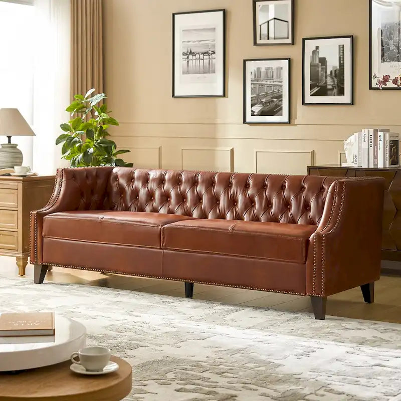 Brown Leather Tufted Chesterfield Sofa - 3 Seater-21
