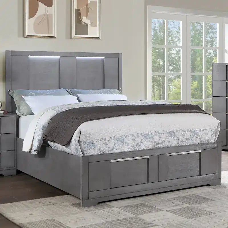 5-Piece Grey Wood Storage Platform Bedroom Set with LED Lights - King/Queen-5