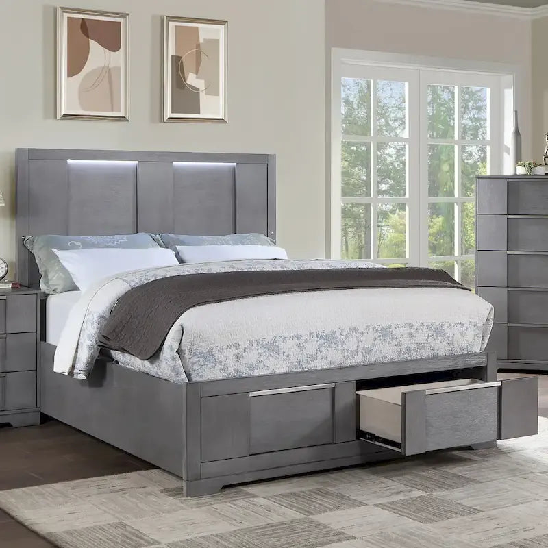 5-Piece Grey Wood Storage Platform Bedroom Set with LED Lights - King/Queen-6